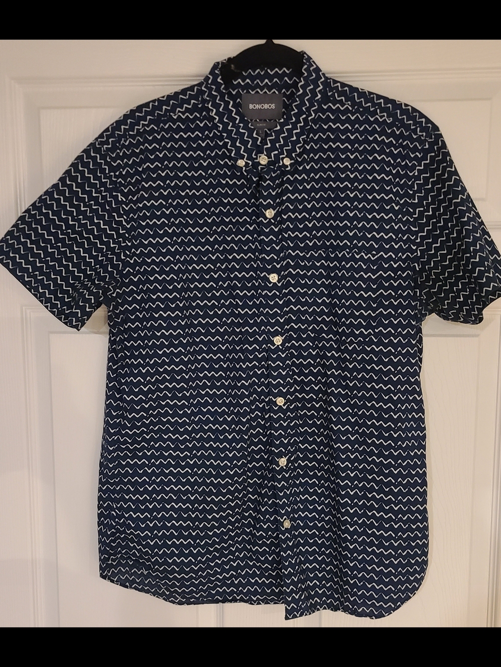 Bonobos Navy Short-Sleeve Button-Down with White Zigzag Print